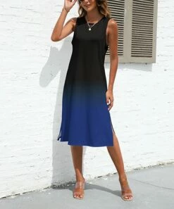 Deals 😍 Pink Daisy Black & Blue Ombre Slit-Hem Sleeveless 👗 Dress - 👩 Women 🤩