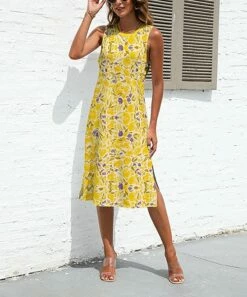 Outlet 🥰 Pink Daisy Yellow Floral Side-Slit Sleeveless Midi 👗 Dress - 👩 Women 👍