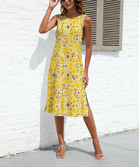 Outlet π₯° Pink Daisy Yellow Floral Side-Slit Sleeveless Midi π Dress - π© Women π