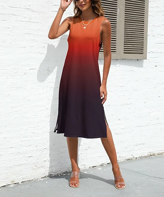 Cheapest βοΈ Pink Daisy Orange & Black OmbrΓ© Slit-Hem Sleeveless π Dress - Plus π₯