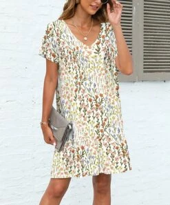 Coupon 😍 Pink Daisy White & Green Floral Ruffle-Hem Shift 👗 Dress - 👩 Women 🎉