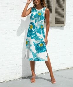 Cheapest 🎉 Pink Daisy Blue & Yellow Floral Slit-Hem Sleeveless 👗 Dress - 👩 Women 🌟