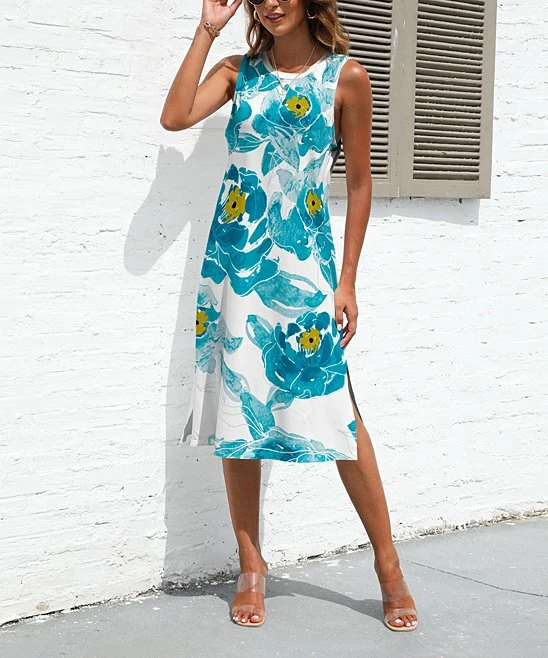 Cheapest π Pink Daisy Blue & Yellow Floral Slit-Hem Sleeveless π Dress - π© Women π