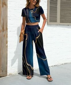 Brand new 🔥 Pink Daisy Navy & Yellow Marbled Crop Tee & Pocket Flare Pants - 👩 Women ❤️