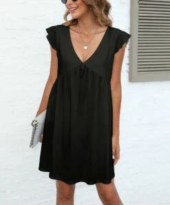 Best Pirce 🤩 Pink Daisy Black Flutter-Sleeve A-Line 👗 Dress - 👩 Women 🎁