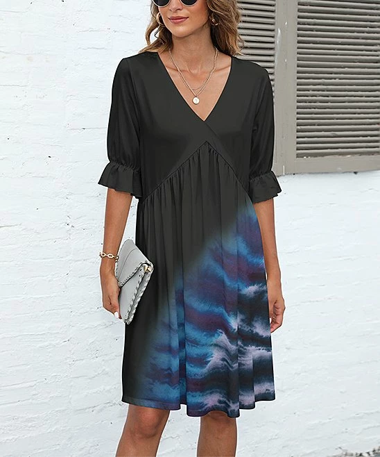 Best Sale β¨ Pink Daisy Black & Blue Abstract Ruffle-Sleeve Surplice π Dress - Plus π€©