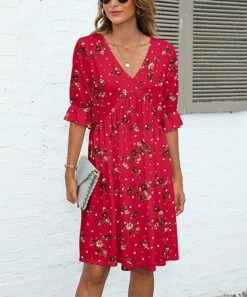 Top 10 π― Pink Daisy Red Floral Ruffle-Sleeve Surplice π Dress - π© Women π