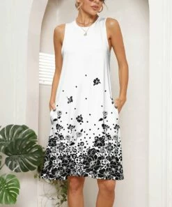 Top 10 π Pink Daisy White & Black Floral Pocket Sleeveless Shift π Dress - π© Women π₯°
