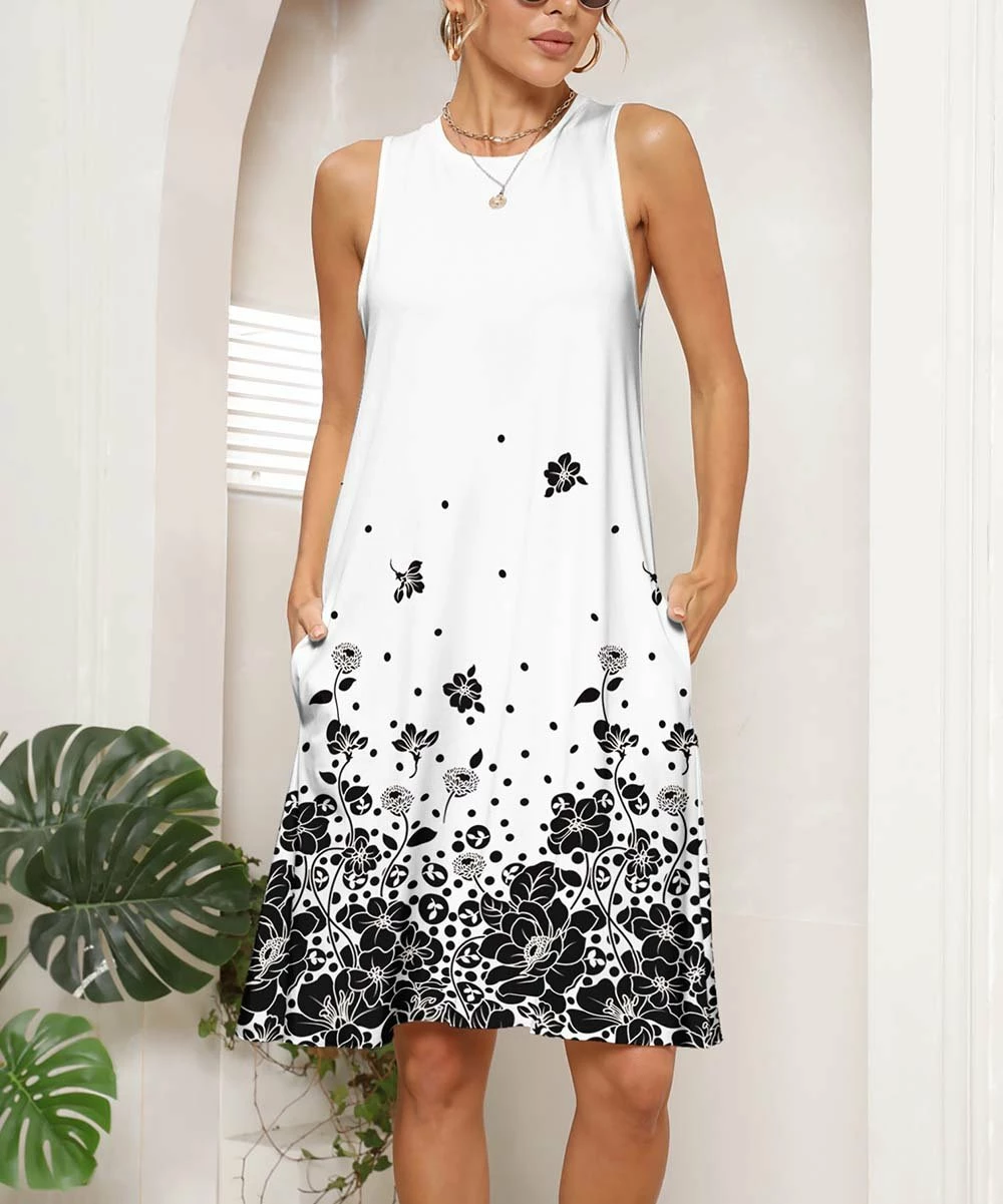 Top 10 π Pink Daisy White & Black Floral Pocket Sleeveless Shift π Dress - π© Women π₯°