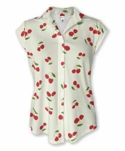 Cheap 🥰 Pink Daisy White & Red Cherry Cap-Sleeve Button-Up - Plus ✨