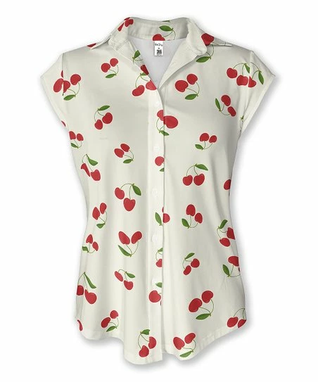 Cheap π₯° Pink Daisy White & Red Cherry Cap-Sleeve Button-Up - Plus β¨
