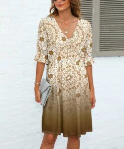 Best Sale 👍 Pink Daisy White & Taupe Floral Poet-Sleeve V-Neck 👗 Dress - Plus 😍