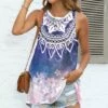 Best deal 🥰 Pink Daisy Blue & Pink Floral Mandala Crewneck Split-Back Sleeveless Top - 👩 Women 👍