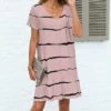 New 🛒 Pink Daisy Beige & Black Abstract Stripe V-Neck Ruffle-Hem Shift 👗 Dress - 👩 Women ❤️