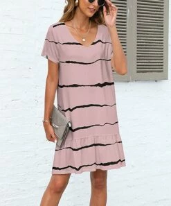 New π Pink Daisy Beige & Black Abstract Stripe V-Neck Ruffle-Hem Shift π Dress - π© Women β€οΈ