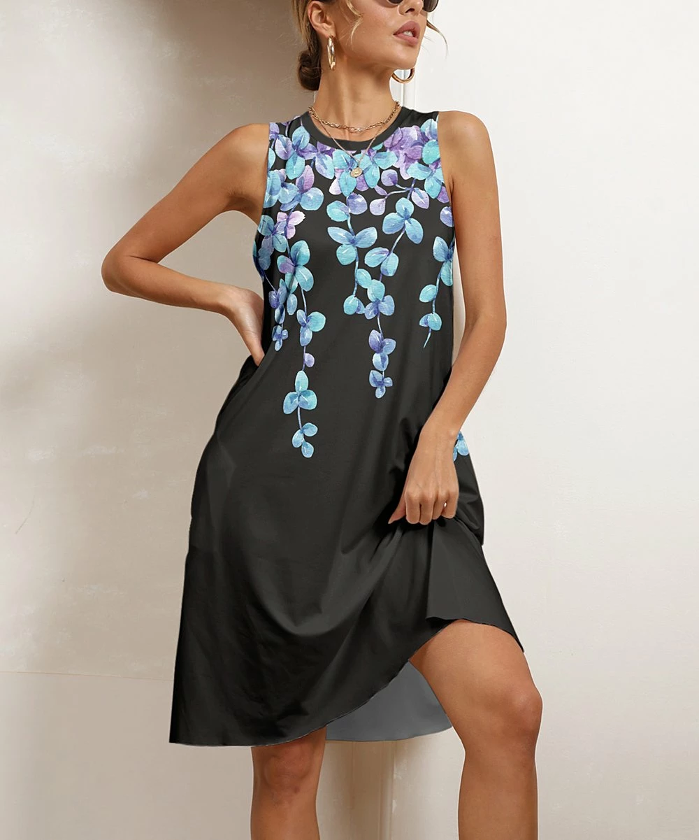 Outlet π Pink Daisy Black & Blue Leaf Pocket Sleeveless π Dress - Plus π - Image 2