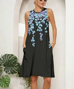 Outlet 👍 Pink Daisy Black & Blue Leaf Pocket Sleeveless 👗 Dress - Plus 👍