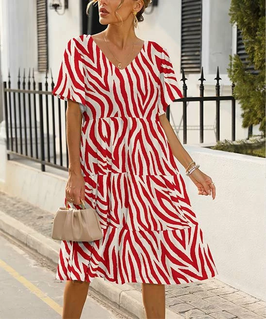 Best Sale π Pink Daisy White & Red Abstract Short-Sleeve Tiered A-Line π Dress - Plus π