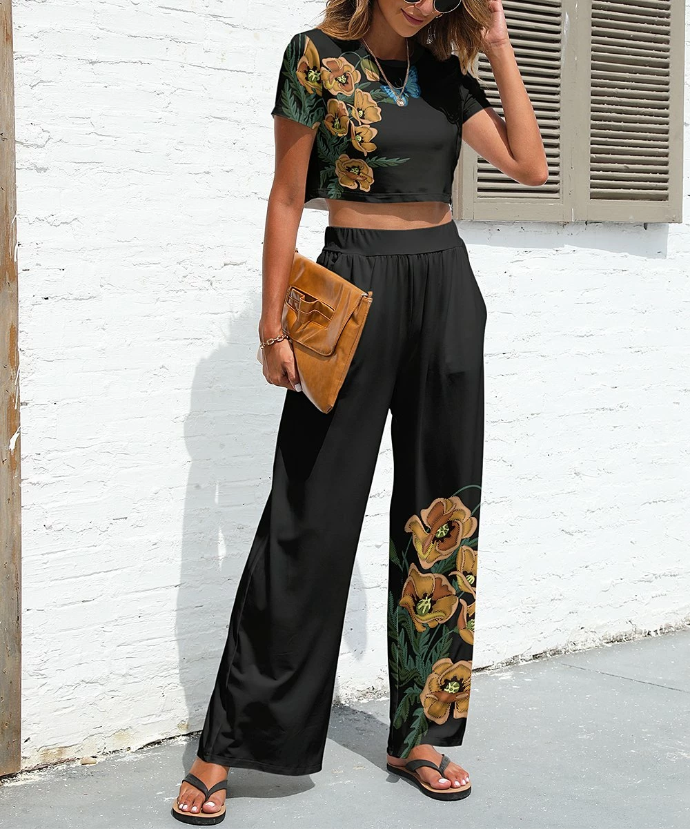 Cheap π Pink Daisy Black Floral Crop Top & Wide-Leg Pants - π© Women π€© - Image 2