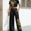 Cheap 👏 Pink Daisy Black Floral Crop Top & Wide-Leg Pants - 👩 Women 🤩