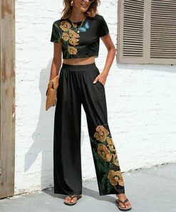 Cheap 👏 Pink Daisy Black Floral Crop Top & Wide-Leg Pants - 👩 Women 🤩
