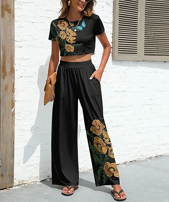 Cheap π Pink Daisy Black Floral Crop Top & Wide-Leg Pants - π© Women π€©