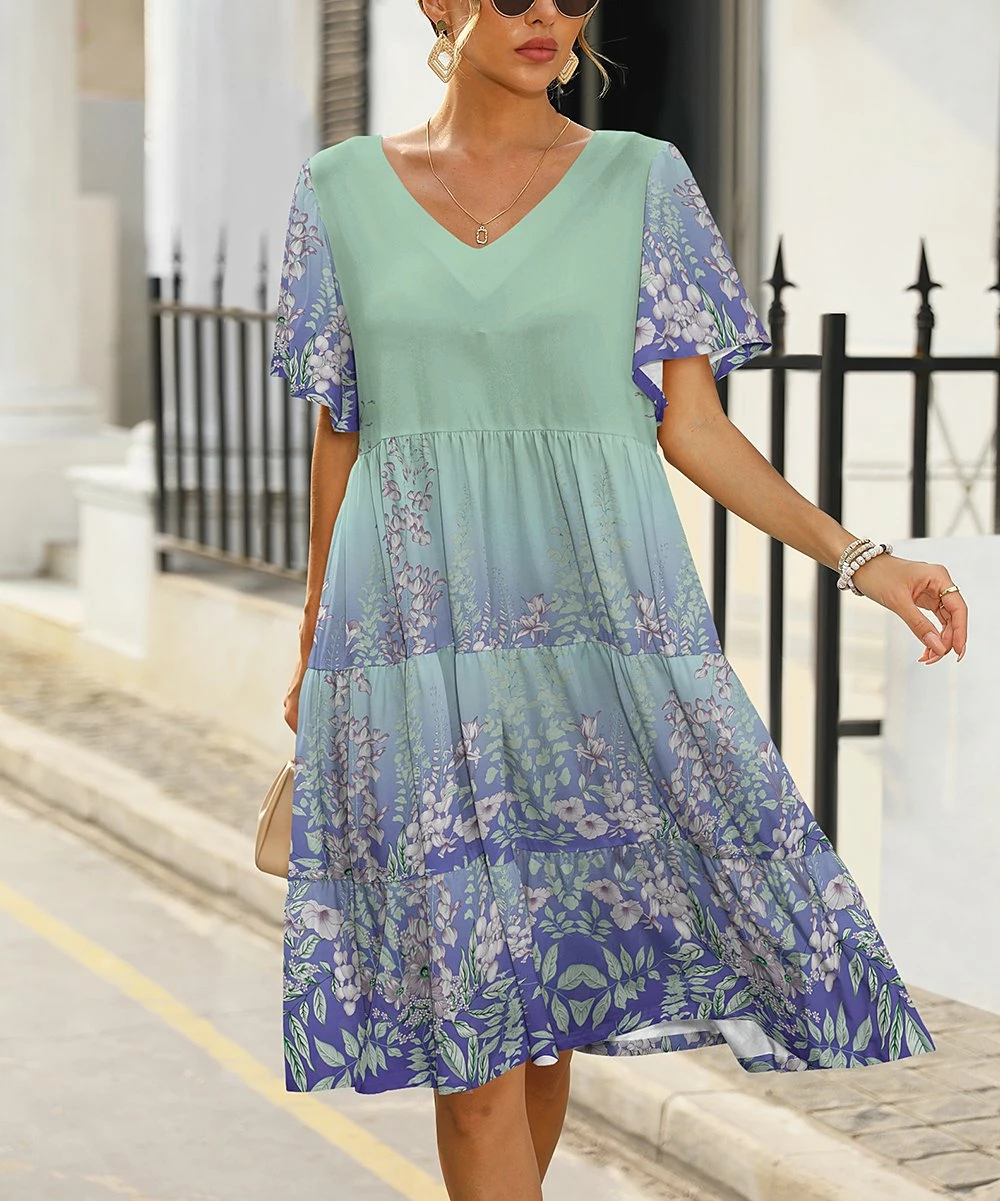 Outlet β€οΈ Pink Daisy Green & Blue Floral Tiered V-Neck A-Line π Dress - Plus β¨