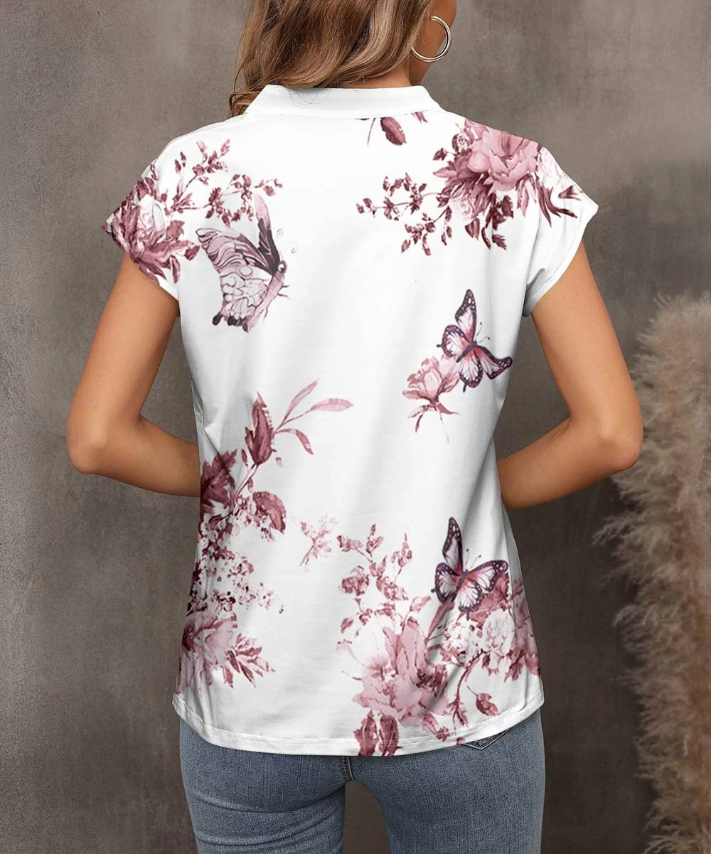 Top 10 π€© Pink Daisy White & Pink Butterfly Notch Neck Cap-Sleeve Top - π© Women π€© - Image 2