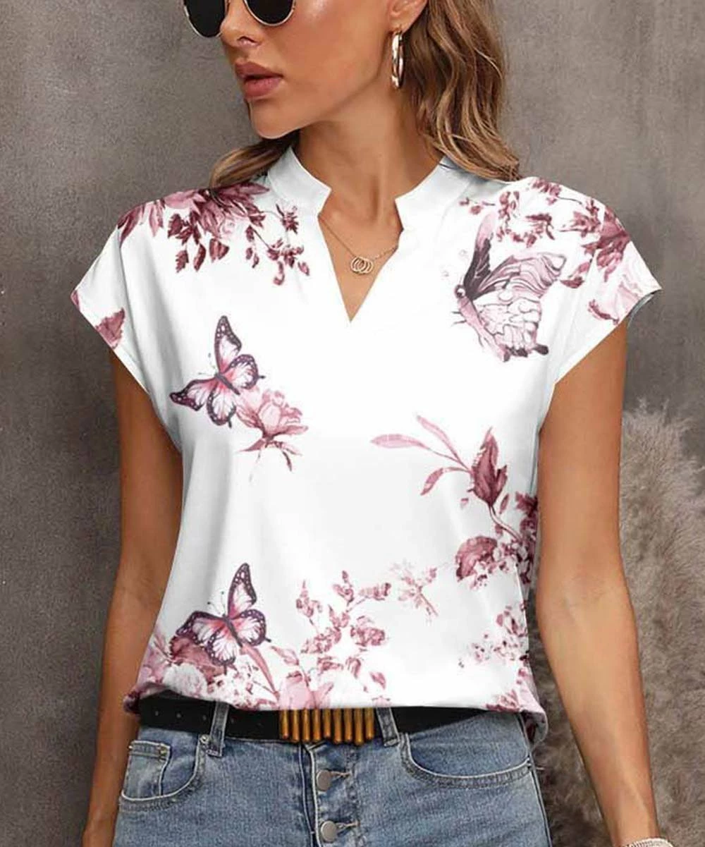 Top 10 π€© Pink Daisy White & Pink Butterfly Notch Neck Cap-Sleeve Top - π© Women π€©