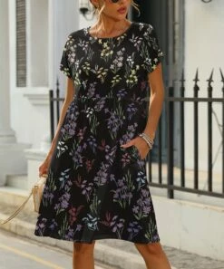 New π€© Pink Daisy Black & Lavender Floral A-Line π Dress - π© Women π