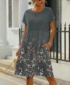 Best Pirce 👏 Pink Daisy Gray & Peach Floral Pocket Short-Sleeve A-Line 👗 Dress - 👩 Women ✔️