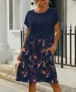 Deals 🤩 Pink Daisy Navy & Pink Floral Pocket Short-Sleeve A-Line 👗 Dress - 👩 Women & Plus 😀