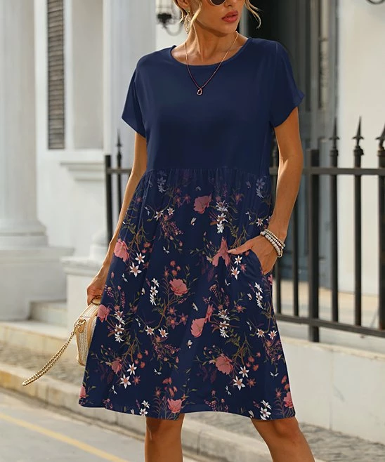 Deals π€© Pink Daisy Navy & Pink Floral Pocket Short-Sleeve A-Line π Dress - π© Women & Plus π