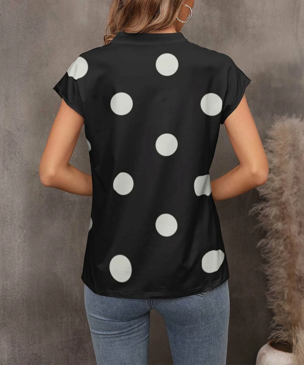 Discount β¨ Pink Daisy Black & White Polka Dot Cap-Sleeve Notch Neck Top - π© Women π - Image 2