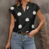 Discount ✨ Pink Daisy Black & White Polka Dot Cap-Sleeve Notch Neck Top - 👩 Women 😍