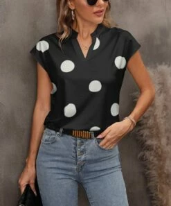 Discount ✨ Pink Daisy Black & White Polka Dot Cap-Sleeve Notch Neck Top - 👩 Women 😍