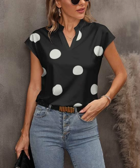 Discount β¨ Pink Daisy Black & White Polka Dot Cap-Sleeve Notch Neck Top - π© Women π
