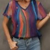 Wholesale ❤️ Pink Daisy Purple & Orange Marble Stripe Short-Sleeve V-Neck Top - Plus 🌟