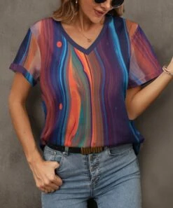 Wholesale ❤️ Pink Daisy Purple & Orange Marble Stripe Short-Sleeve V-Neck Top - Plus 🌟