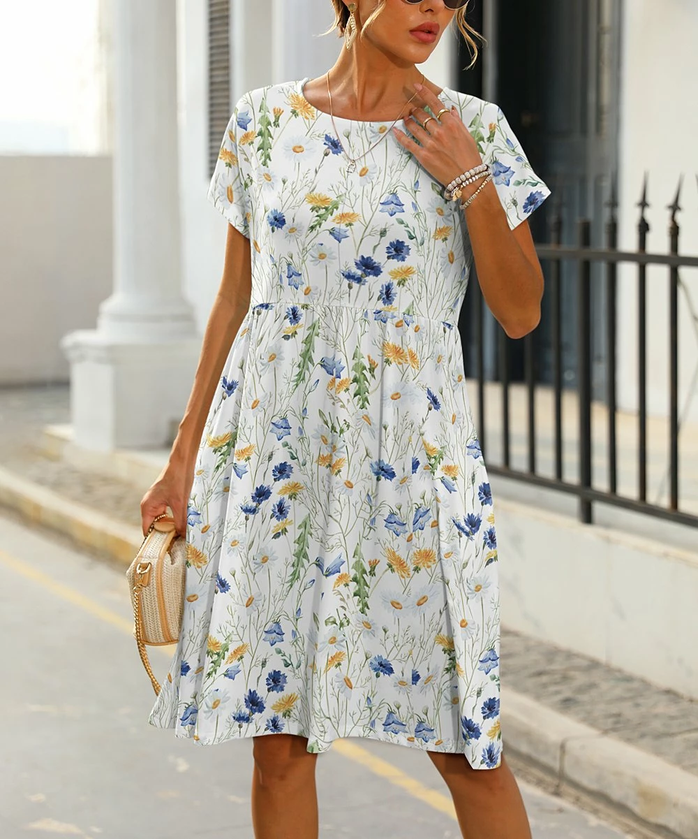 Buy π Pink Daisy White & Blue Floral Pocket Short-Sleeve A-Line π Dress - π© Women π - Image 2