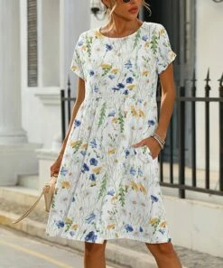 Buy 🌟 Pink Daisy White & Blue Floral Pocket Short-Sleeve A-Line 👗 Dress - 👩 Women 😀