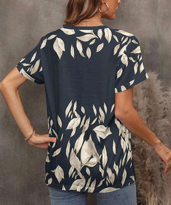 Brand new π Pink Daisy Dark Gray & Cream Leaves V-Neck Tee - Plus π€© - Image 2