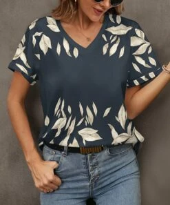 Brand new π Pink Daisy Dark Gray & Cream Leaves V-Neck Tee - Plus π€©