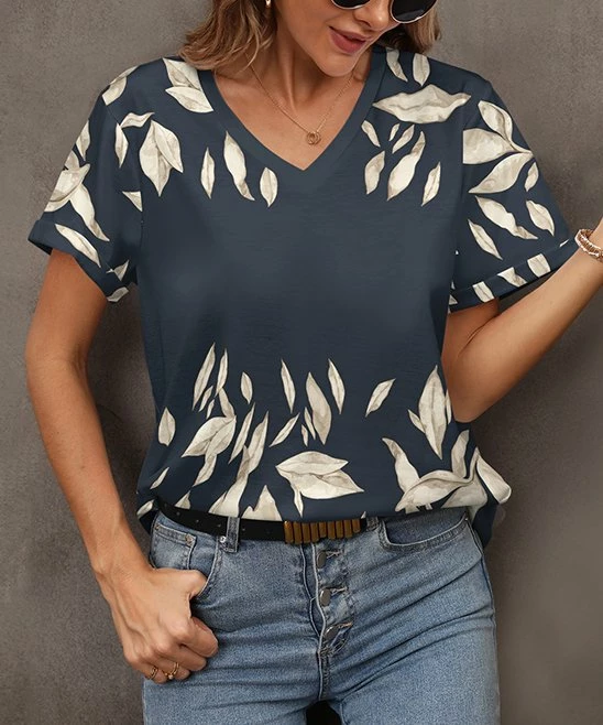 Brand new π Pink Daisy Dark Gray & Cream Leaves V-Neck Tee - Plus π€©