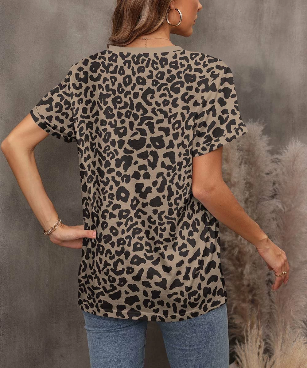 Best deal π Pink Daisy Beige & Black Leopard V-Neck Tee - π© Women π - Image 2