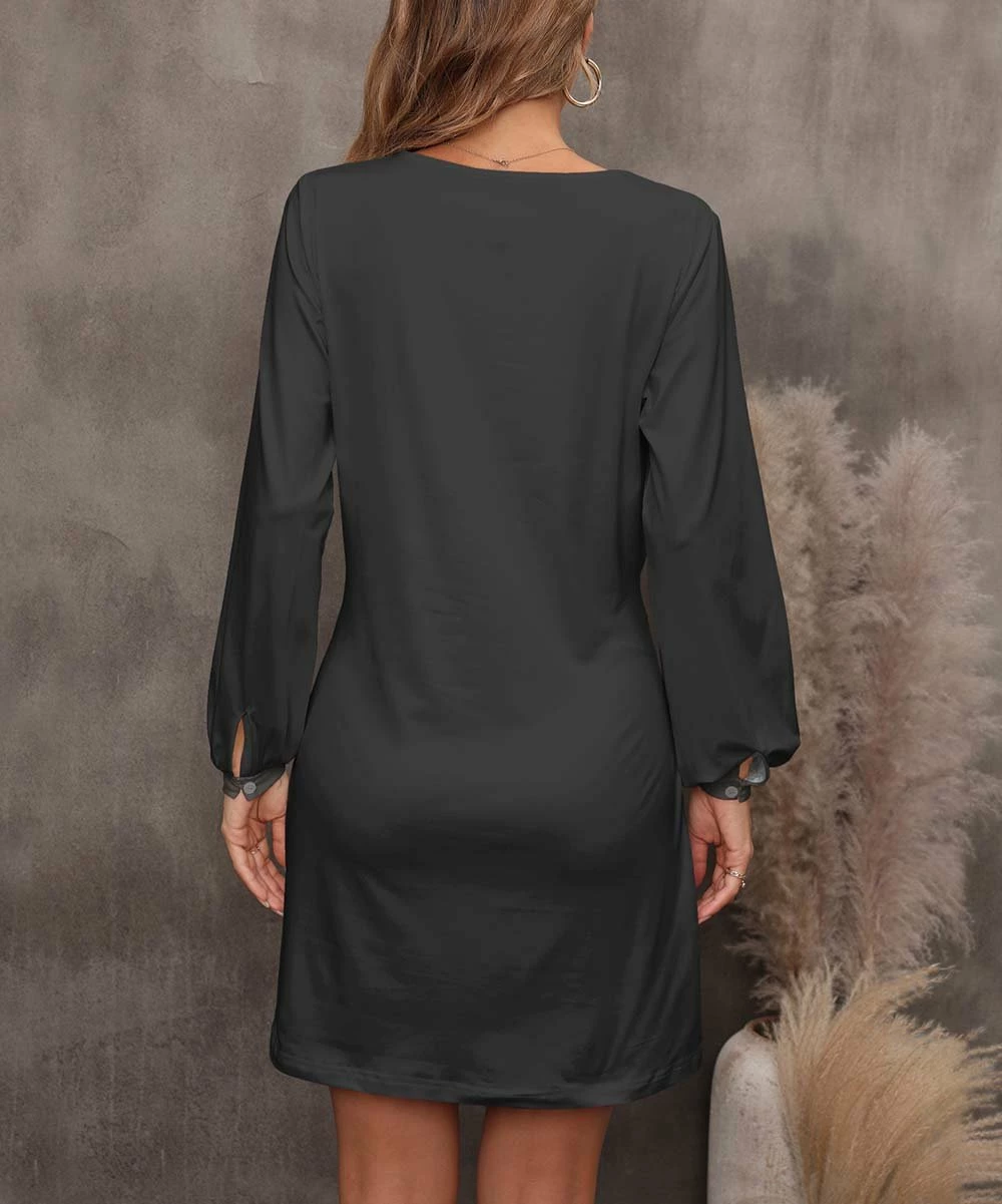 Top 10 π Pink Daisy Charcoal & Gray Rose Bishop-Sleeve A-Line π Dress - Plus π - Image 2