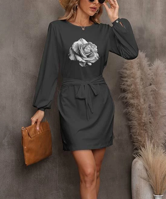 Top 10 π Pink Daisy Charcoal & Gray Rose Bishop-Sleeve A-Line π Dress - Plus π