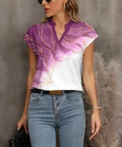 Discount 🔔 Pink Daisy White & Purple Abstract Short-Sleeve Notch Neck Top - 👩 Women 💯