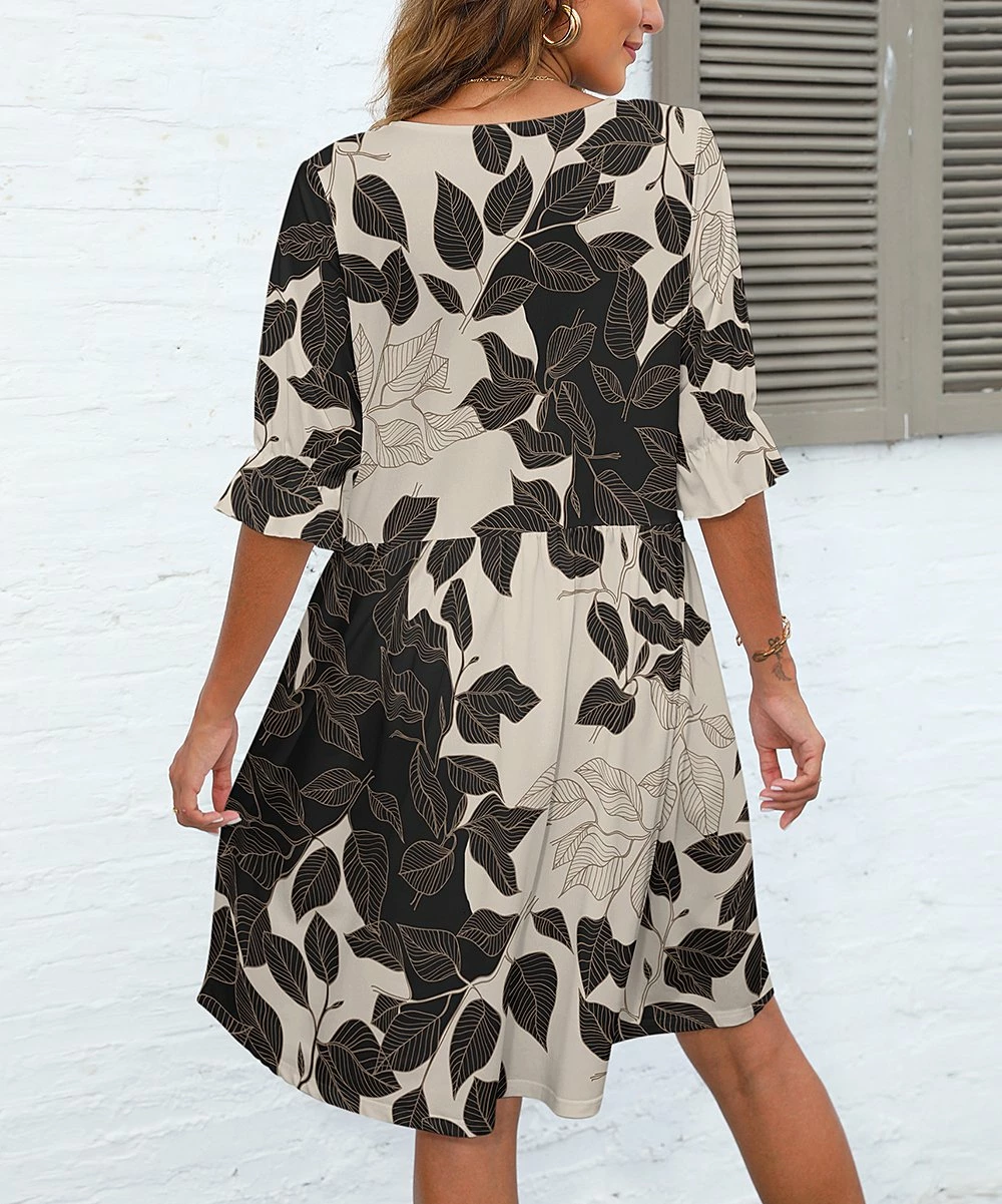 Best Pirce π Pink Daisy Black & Beige Floral Half-Sleeve V-Neck Shift π Dress - π© Women π - Image 2