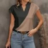 Cheap 🔔 Pink Daisy Black & Brown Color Block Short-Sleeve Notch Neck Top - 👩 Women 🎁
